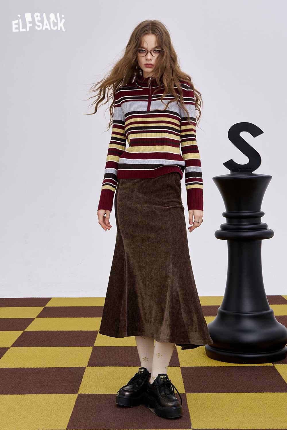 ELFSACK Light slim fit bodycon skirt in brown, styled with a striped sweater for a chic look.