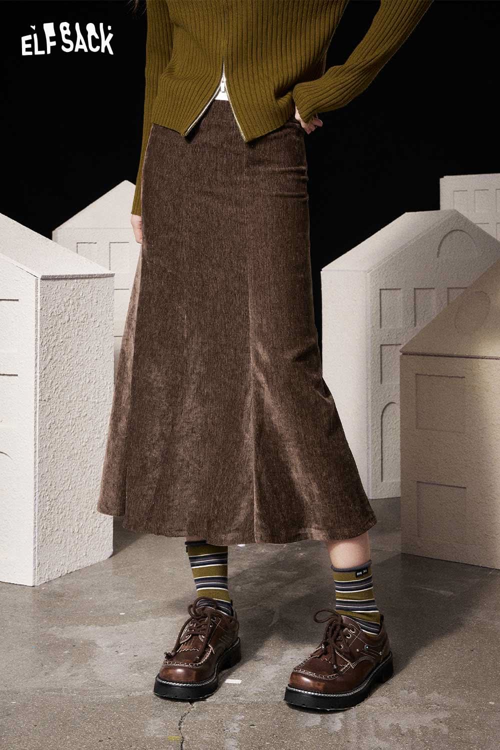 ELFSACK light slim fit bodycon skirt in brown, styled with a sweater and shoes for a chic look