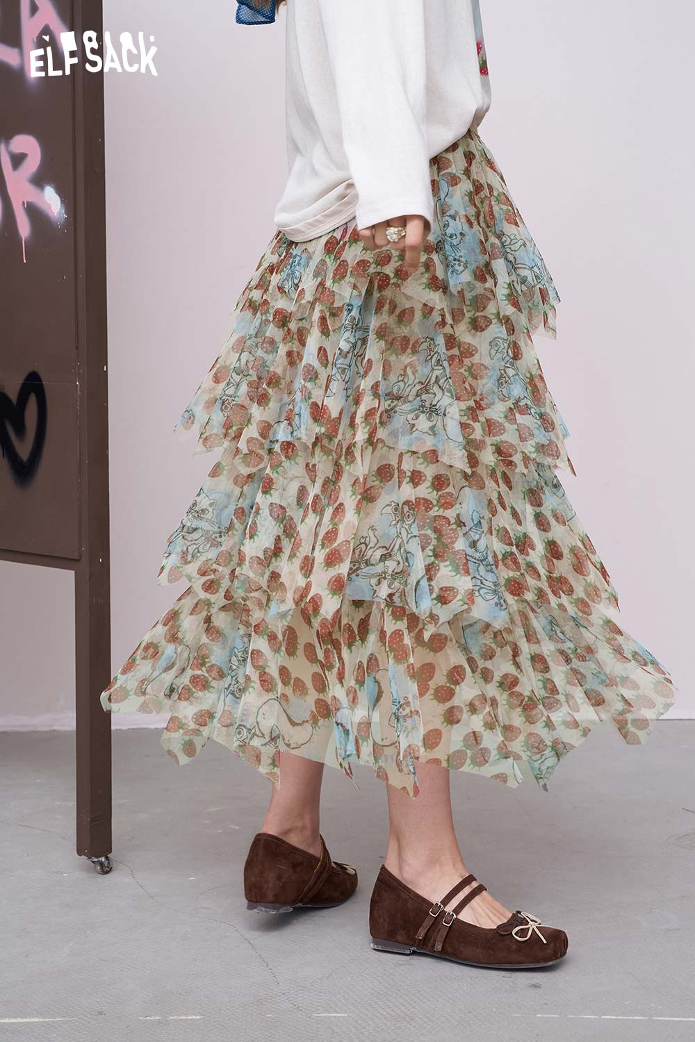 ELFSACK tiered ruffle strawberry print chiffon skirt midi length in mint green worn with white top