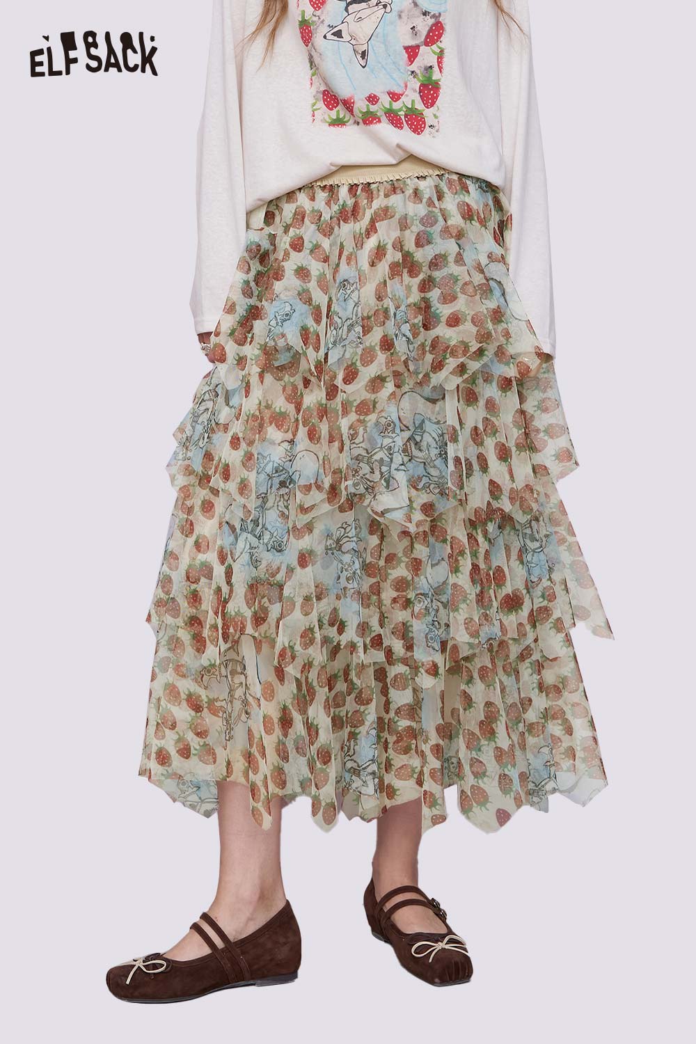 ELFSACK strawberry print chiffon skirt layered ruffle midi in pastel tones for lightweight casual spring outfits