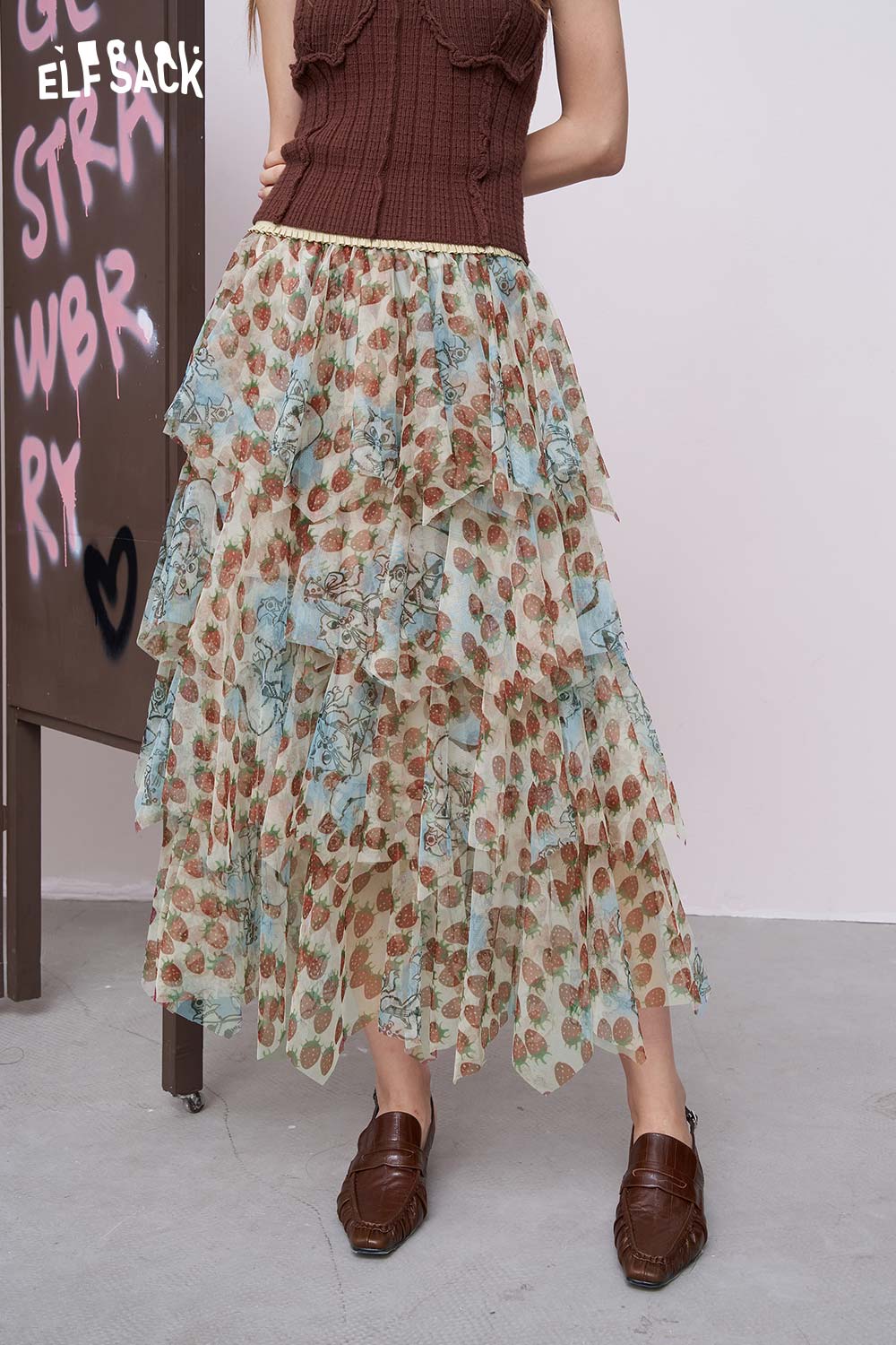 ELFSACK strawberry print chiffon skirt tiered ruffle midi skirt with cream background and blue floral accents