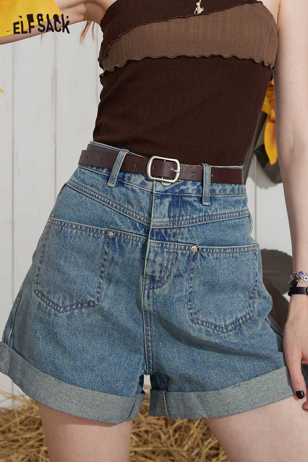 ELFSACK Light Vintage Denim High Waist A-Line Loose Shorts