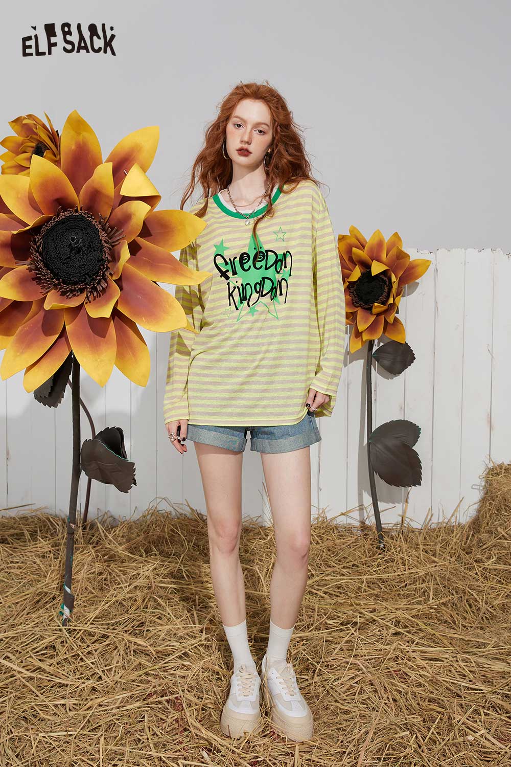 ELFSACK Light Vintage Denim High Waist A-Line Loose Shorts