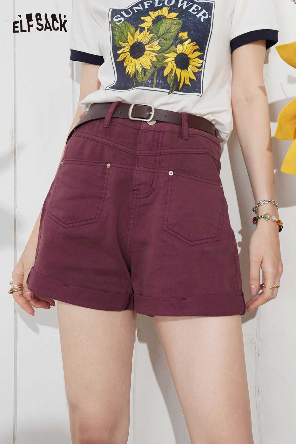ELFSACK Light Vintage Denim High Waist A-Line Loose Shorts