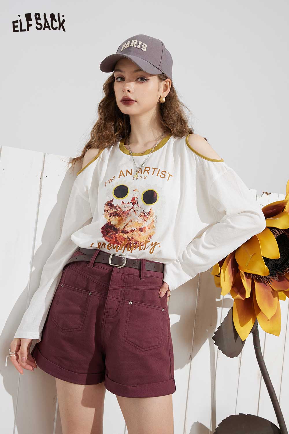 ELFSACK Light Vintage Denim High Waist A-Line Loose Shorts