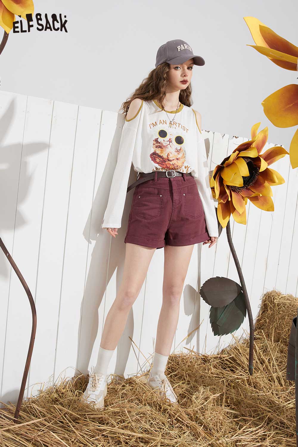 ELFSACK Light Vintage Denim High Waist A-Line Loose Shorts