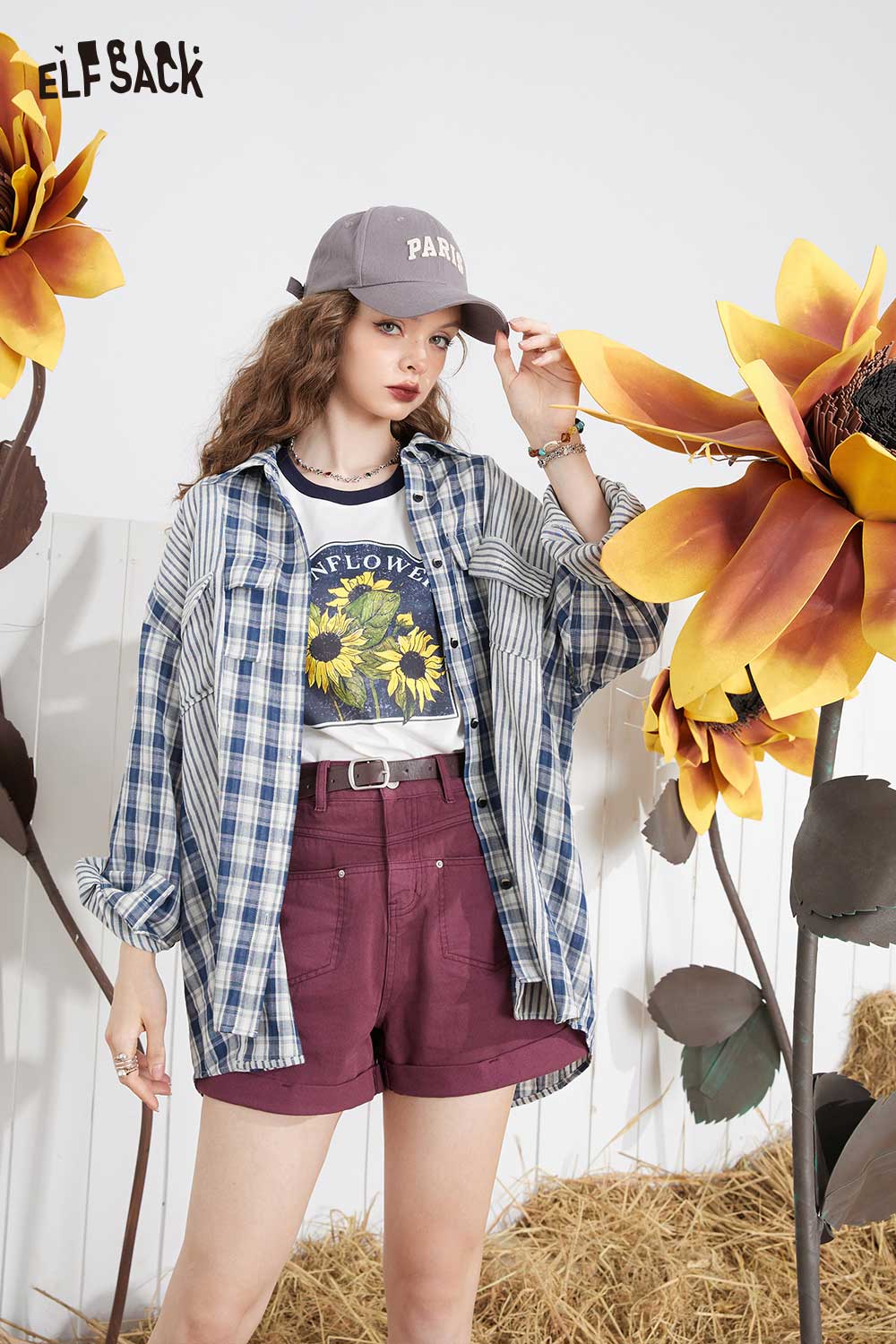 ELFSACK Light Vintage Denim High Waist A-Line Loose Shorts