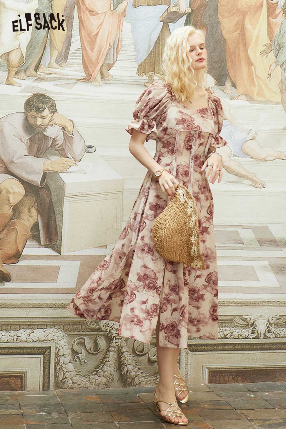 ELFSACK Light Vintage Full Print Dried Rose Floral Dress