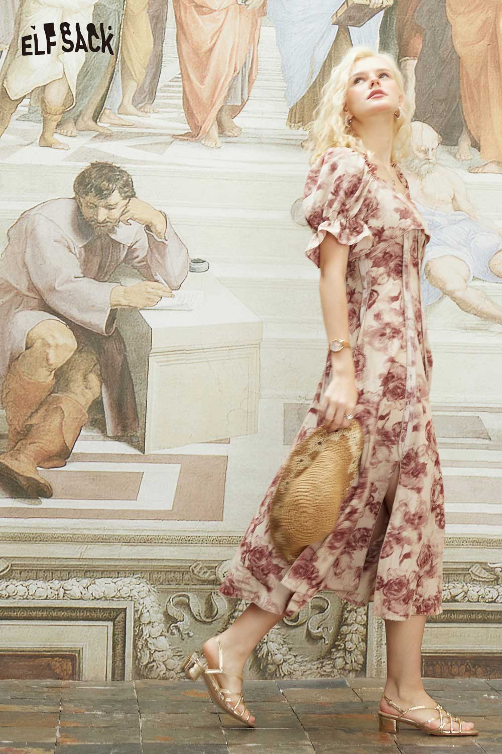 ELFSACK Light Vintage Full Print Dried Rose Floral Dress