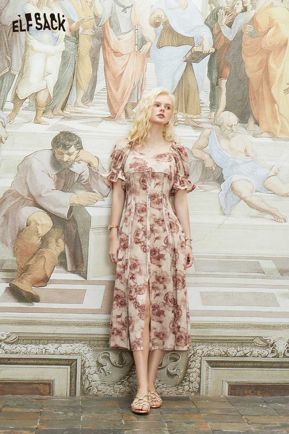 ELFSACK Light Vintage Full Print Dried Rose Floral Dress