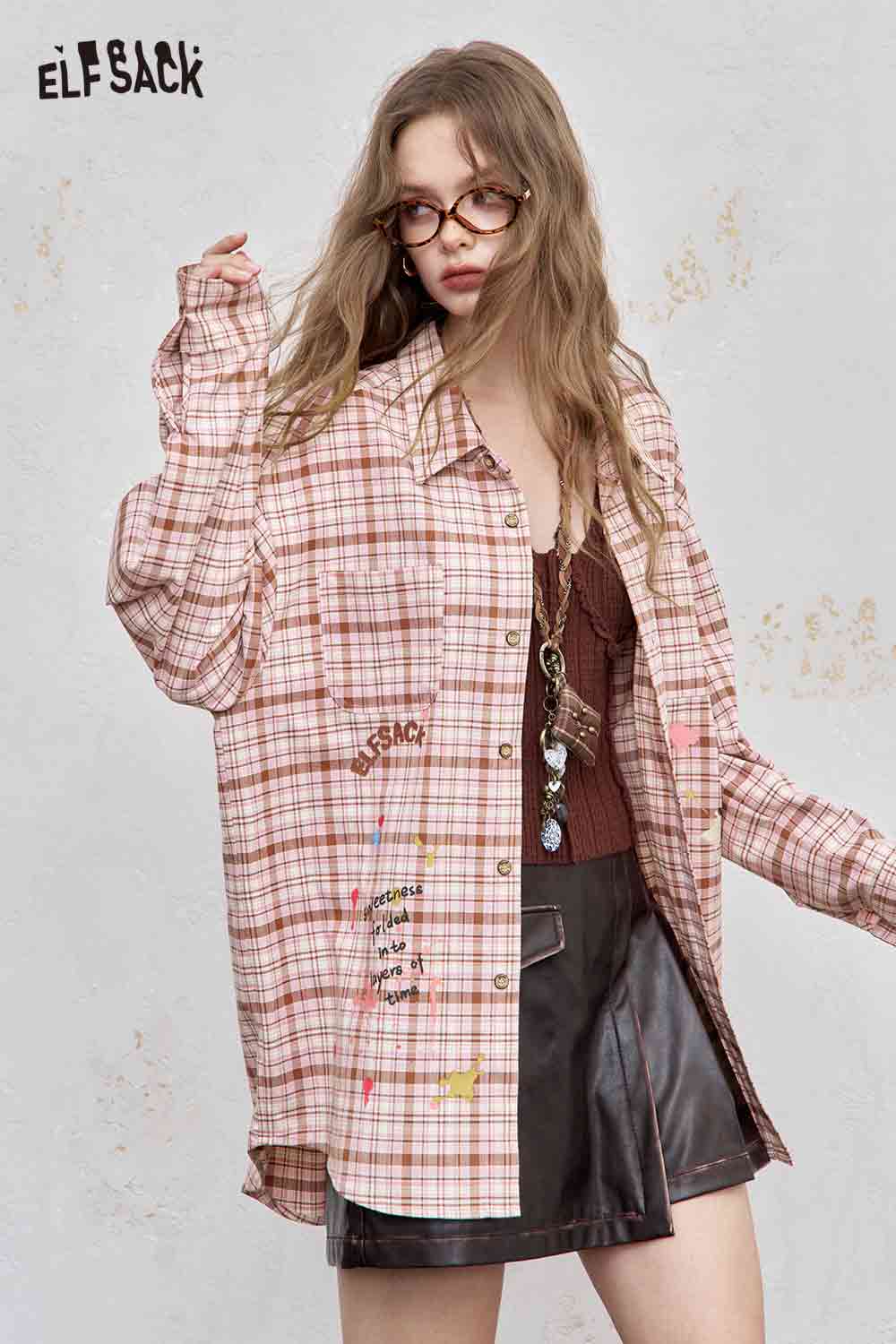 ELFSACK oversized pink embroidered college style plaid shirt for women layered over tank and mini skirt
