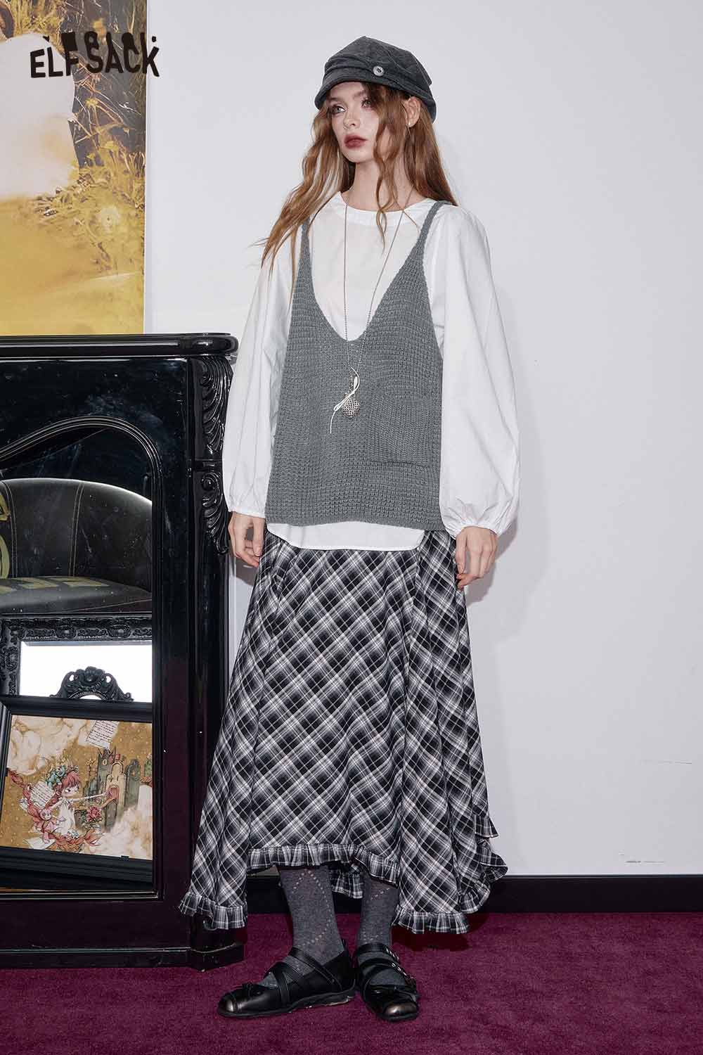 ELFSACK linen blend vest set for women featuring a gray vest over a white blouse and plaid skirt
