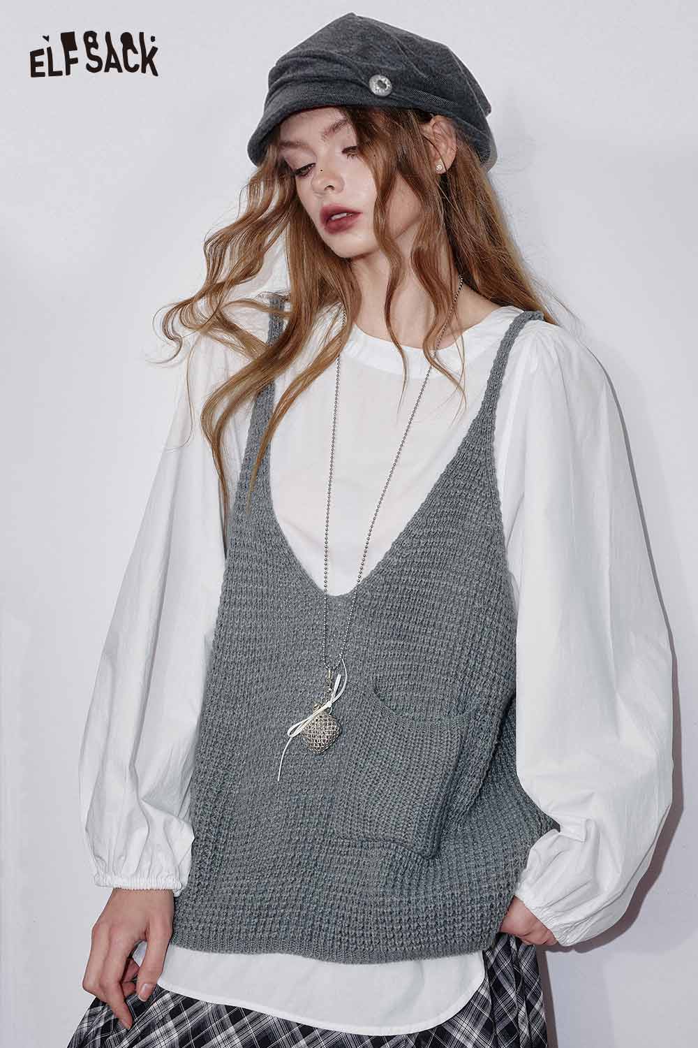 Stylish linen blend vest set for women layered over a white blouse and paired with a trendy hat