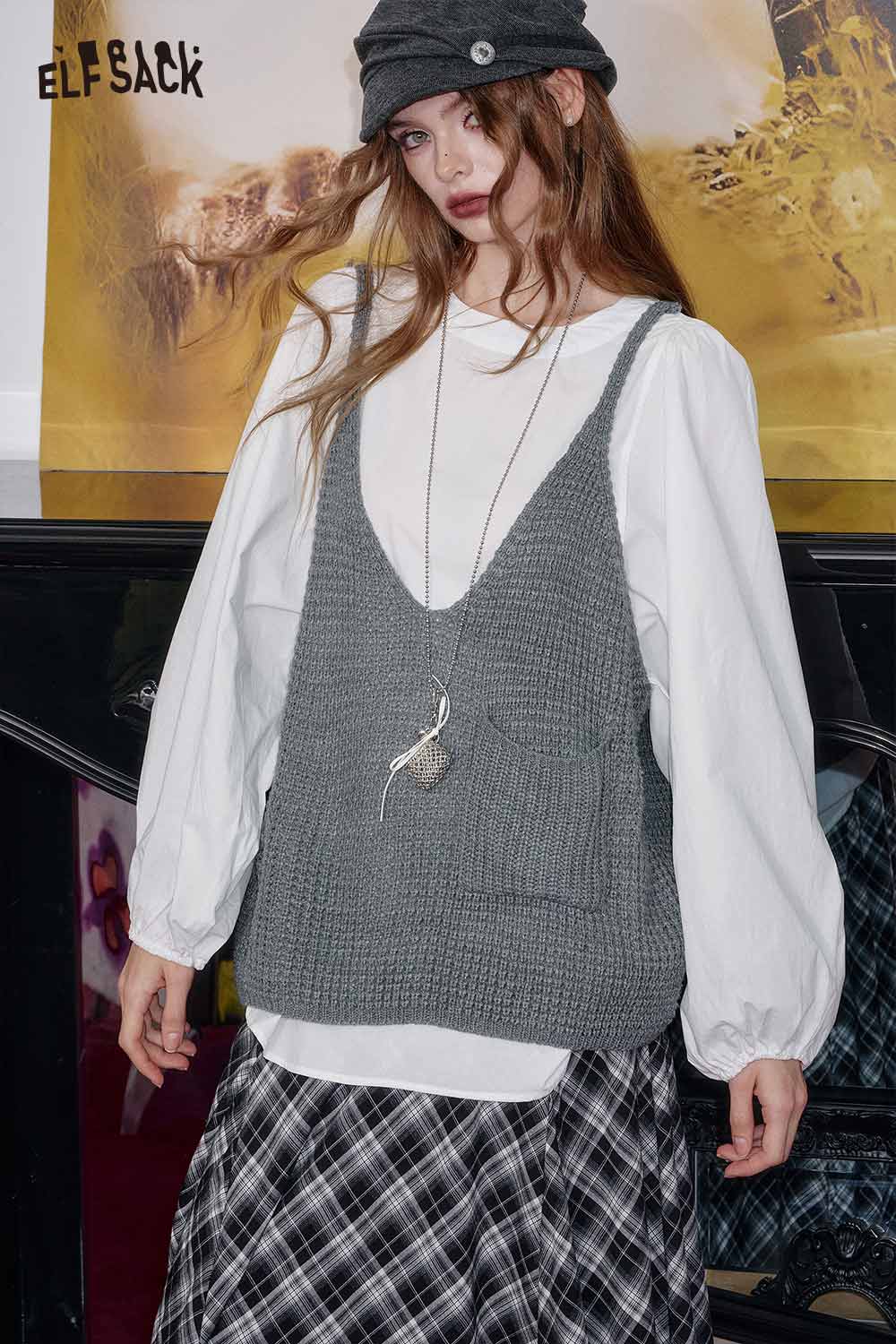 ELFSACK linen blend vest set for women featuring a comfortable design with pockets and a stylish layered look