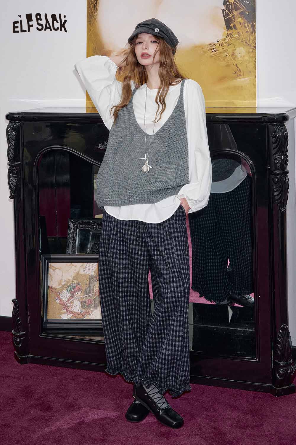 Stylish ELFSACK linen blend vest set for women paired with a white blouse and patterned wide-leg pants