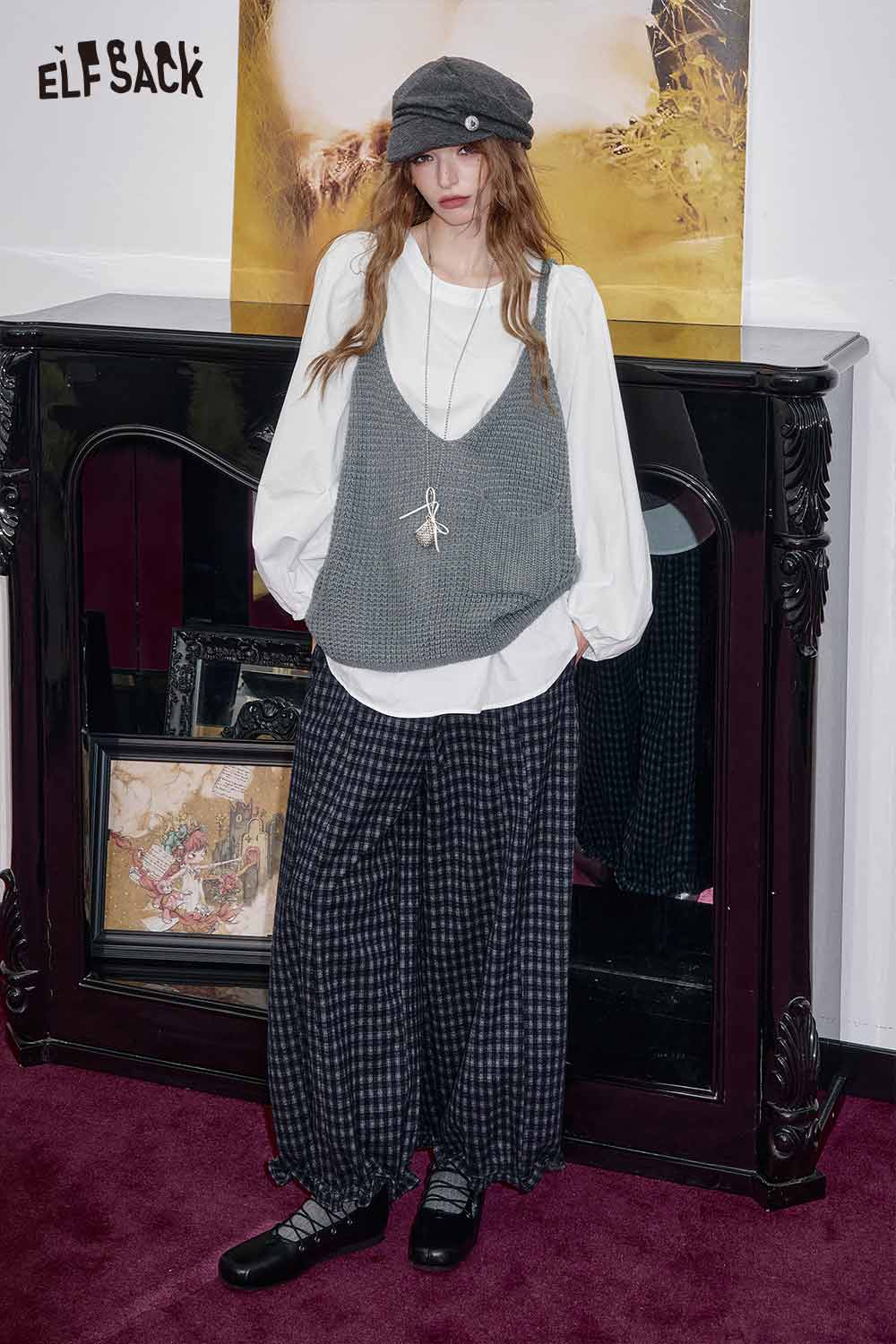 ELFSACK linen blend vest set for women paired with a white blouse and plaid pants for a stylish look