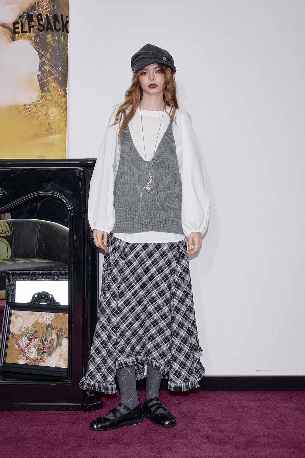 ELFSACK linen blend vest set for women styled with a flowy plaid skirt and accessories for a chic look