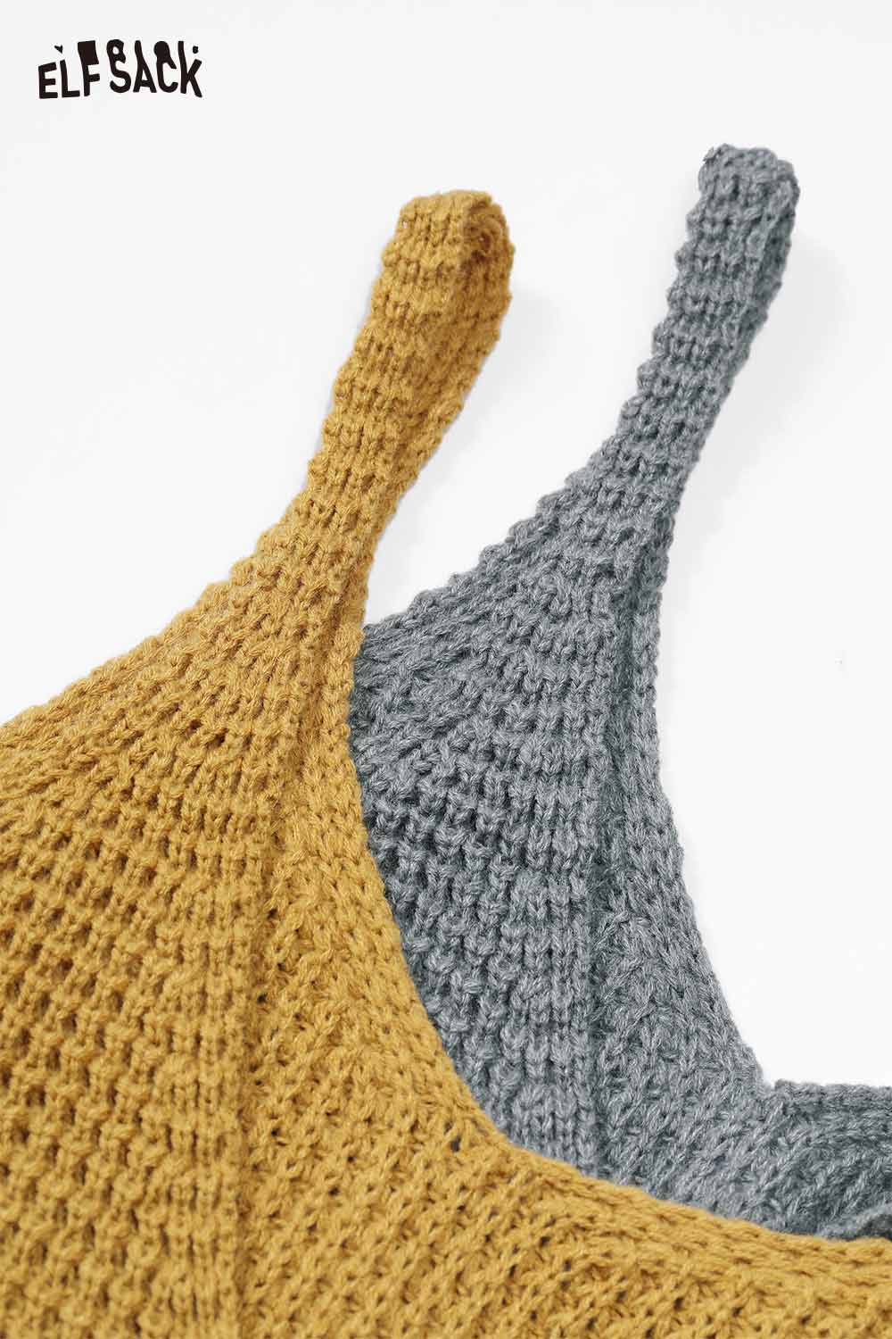 ELFSACK Linen Blend Vest Set for Women in Mustard and Gray with Stylish Knit Texture