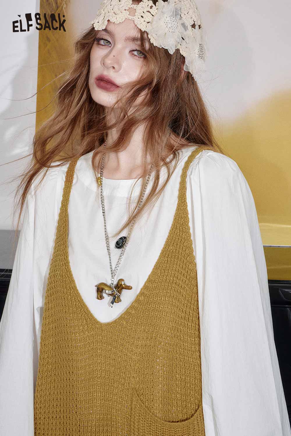 ELFSACK Linen Blend Vest Set for Women in Mustard with Layered White Top and Accessory Details