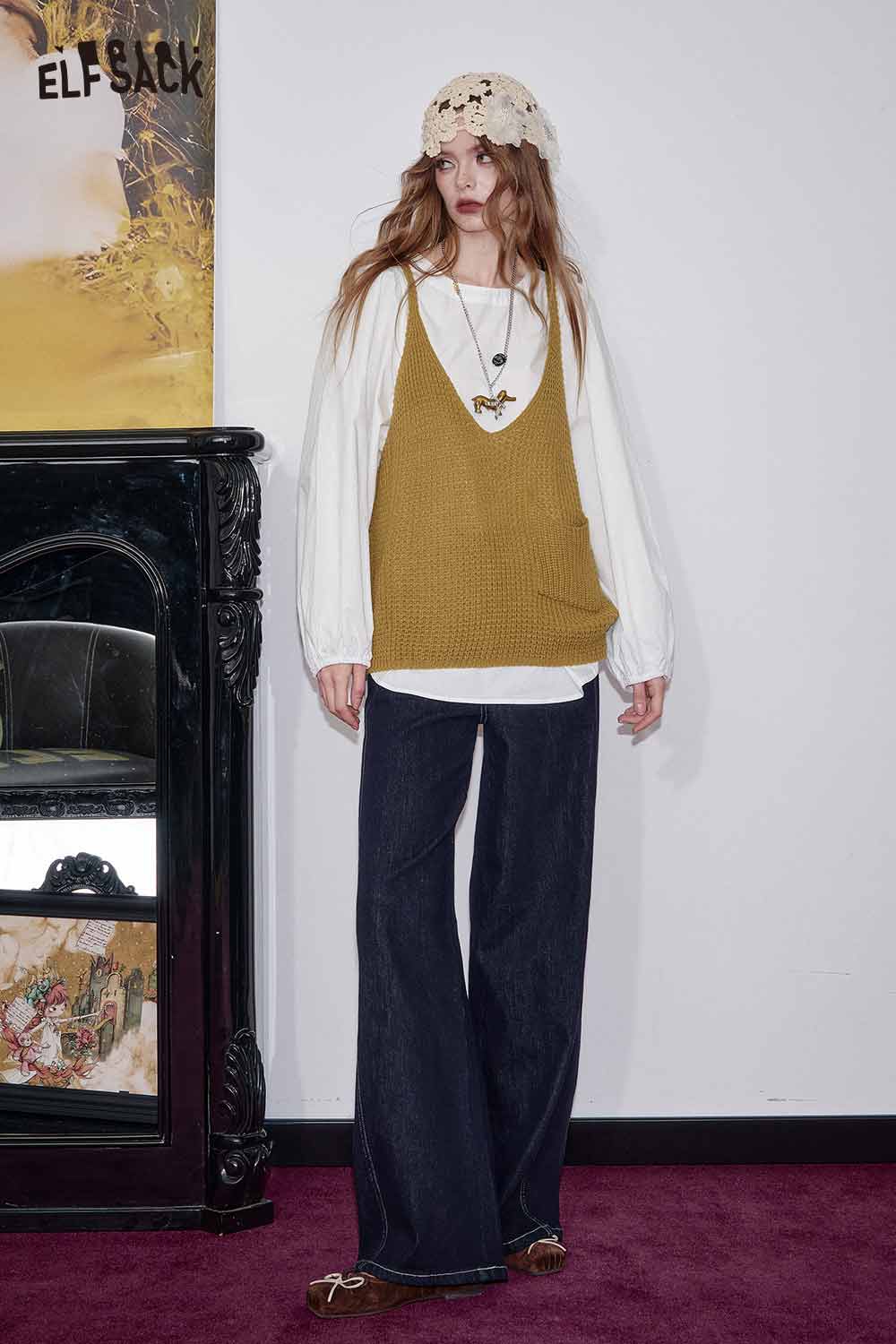 ELFSACK linen blend vest set for women featuring a cozy mustard vest and stylish wide-leg jeans