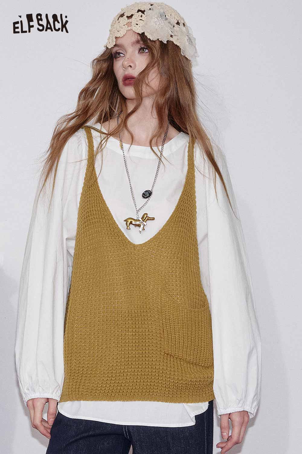 ELFSACK linen blend vest set for women in mustard with a pocket and layered look