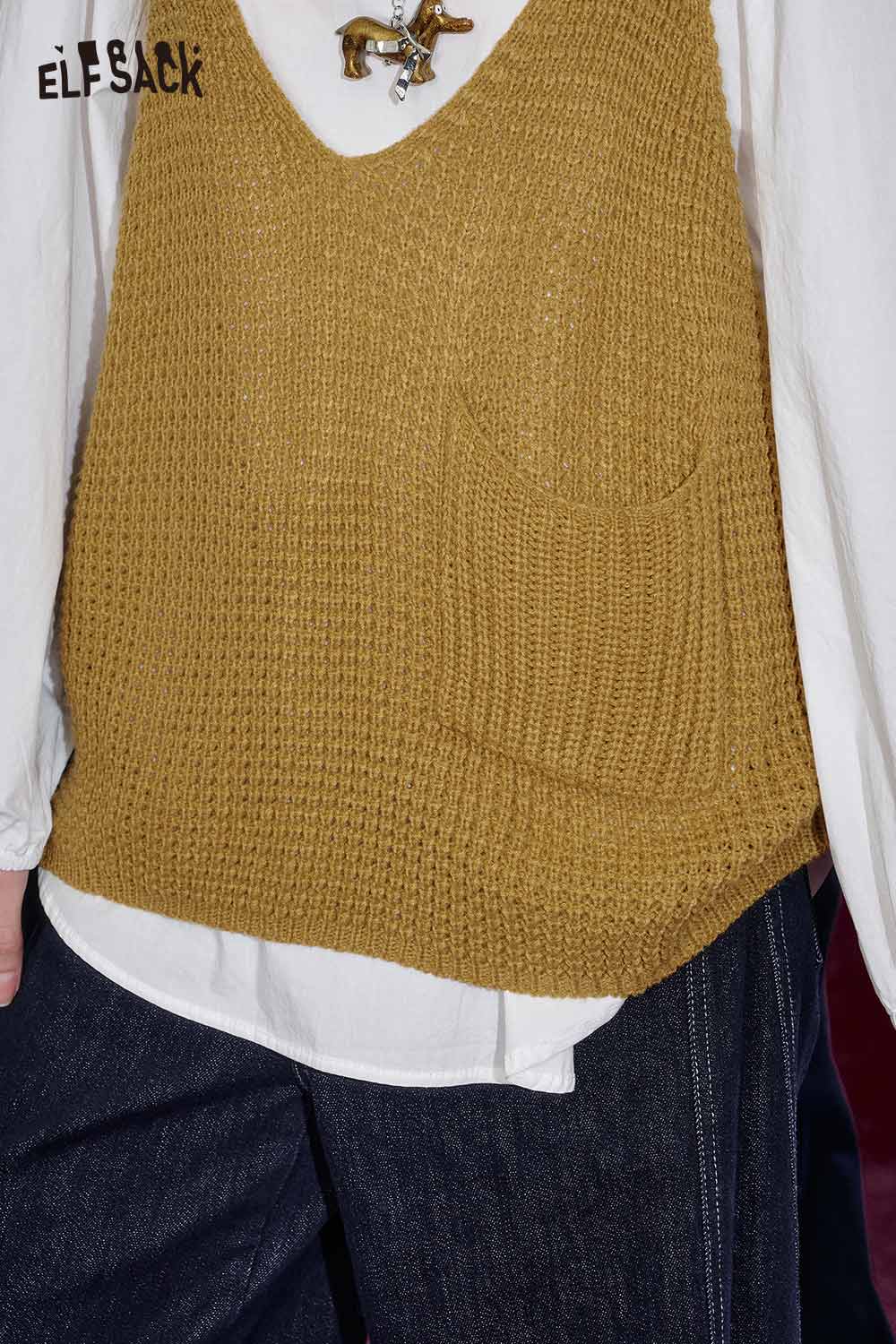 ELFSACK Linen blend vest set for women in mustard color with a pocket, styled with a white shirt