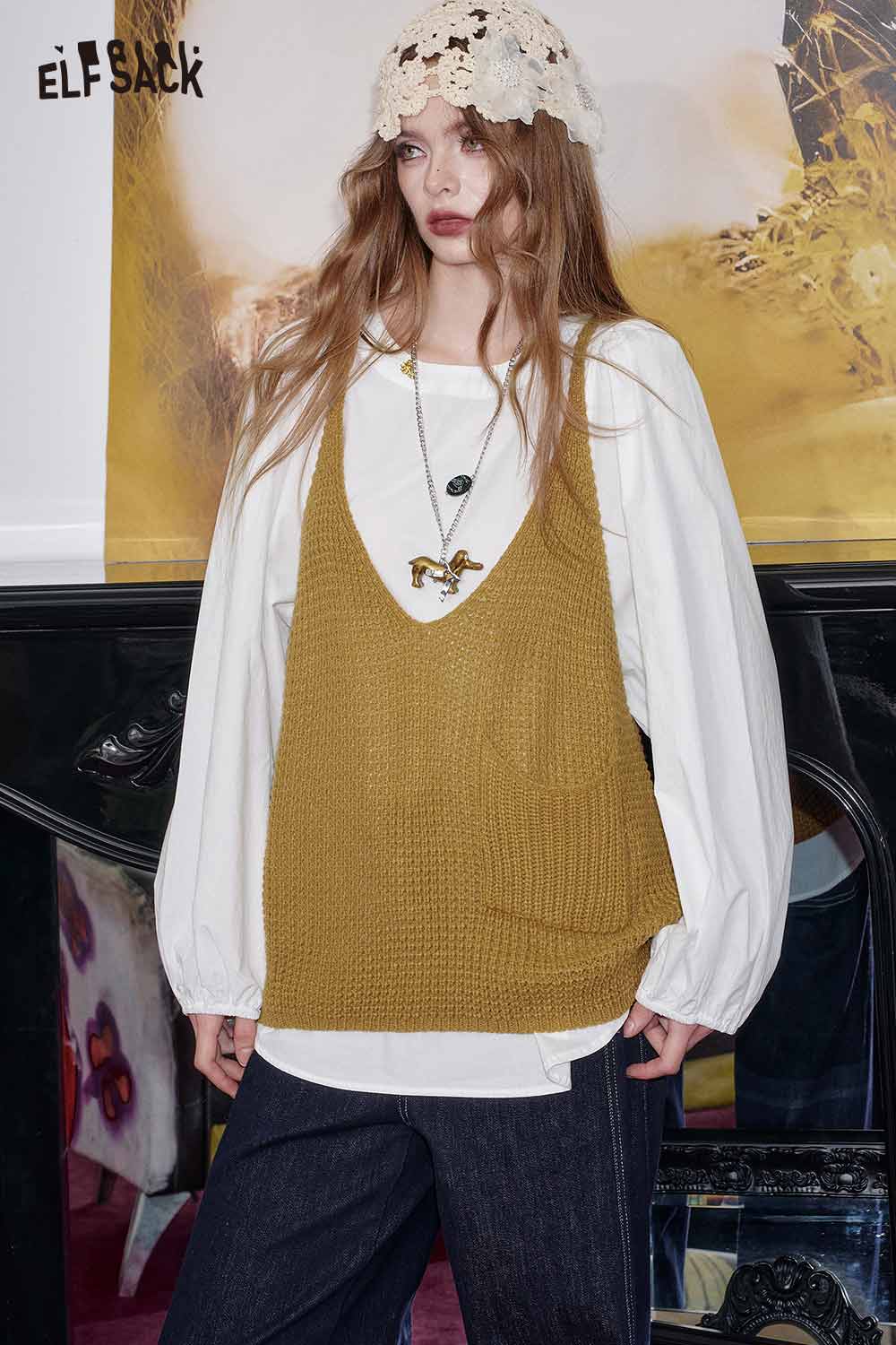 ELFSACK linen blend vest set for women paired with a white blouse and casual jeans