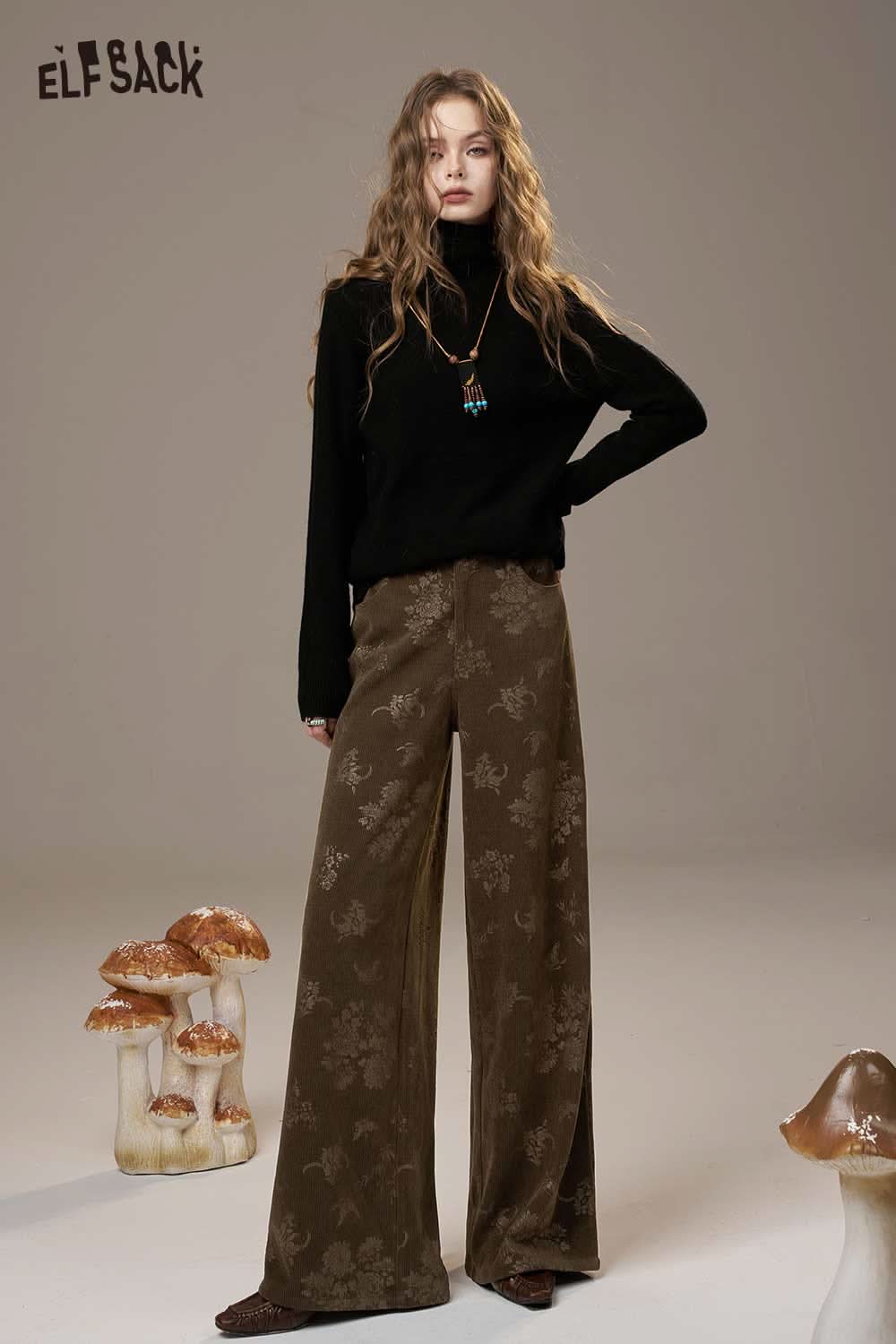 ELFSACK linen floral wide leg pants women in brown with a stylish floral pattern for a chic look