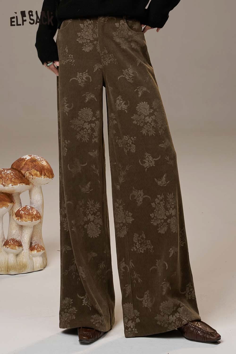 ELFSACK linen floral wide leg pants women in brown with a stylish floral pattern for a chic look