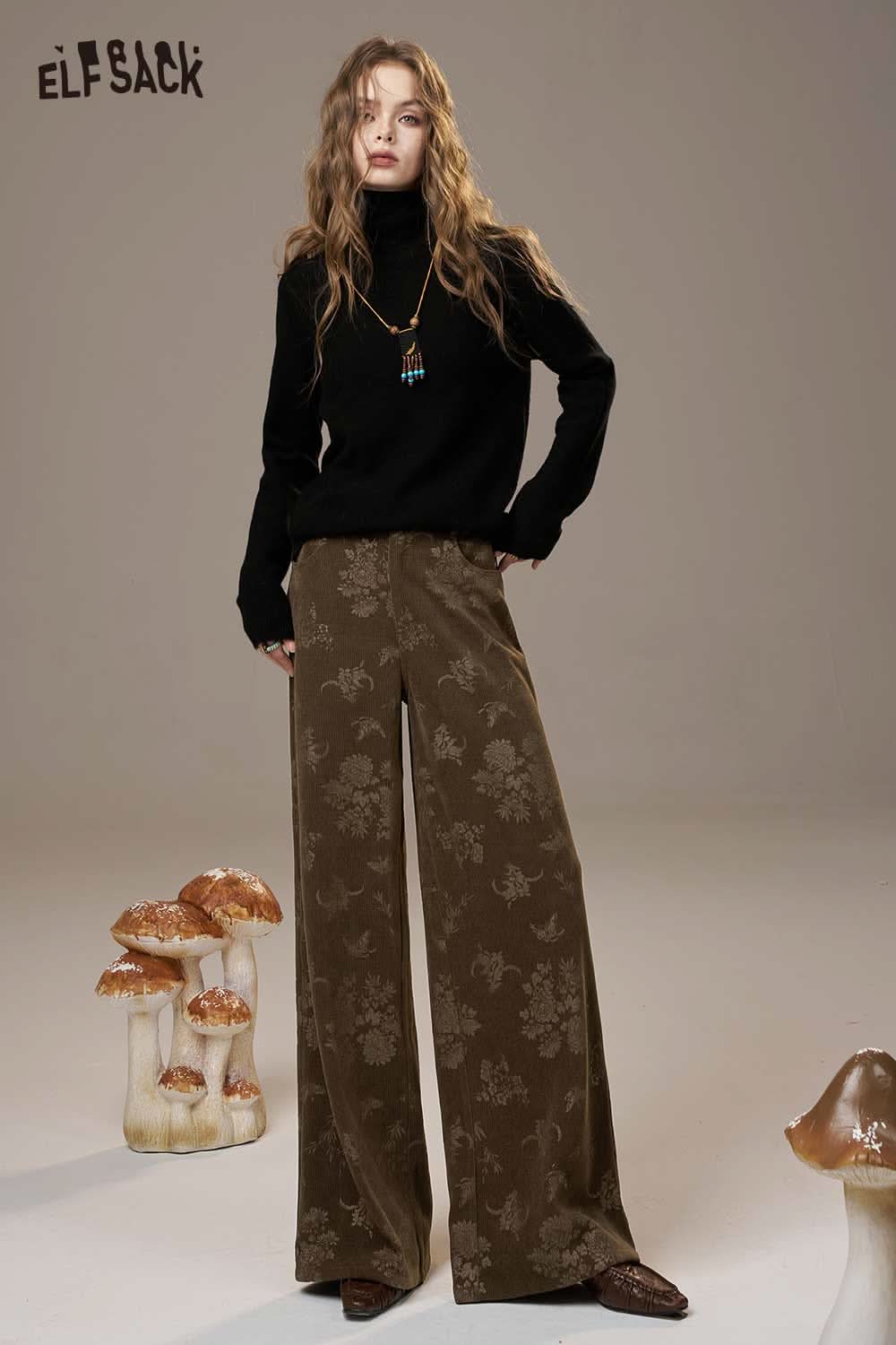 ELFSACK linen floral wide leg pants women styled with a black turtleneck and unique accessories