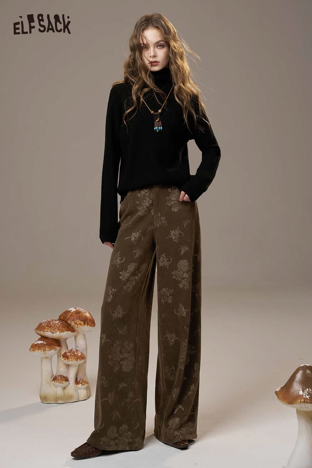 ELFSACK linen floral wide leg pants women in brown for a stylish and comfortable look