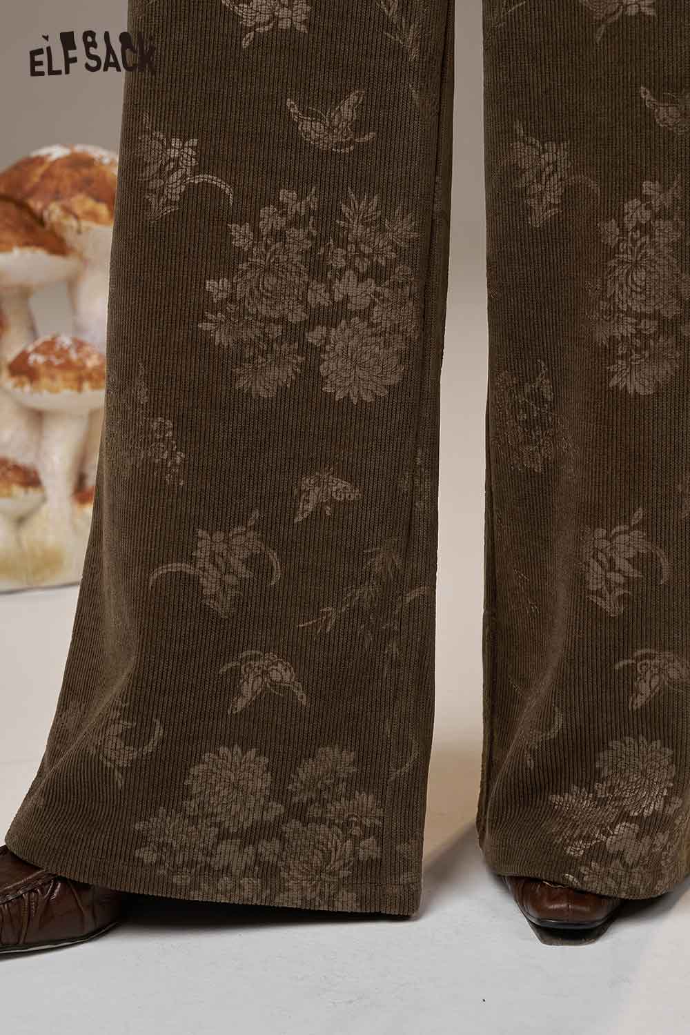 ELFSACK linen floral wide leg pants women in earthy tones with a stylish botanical pattern