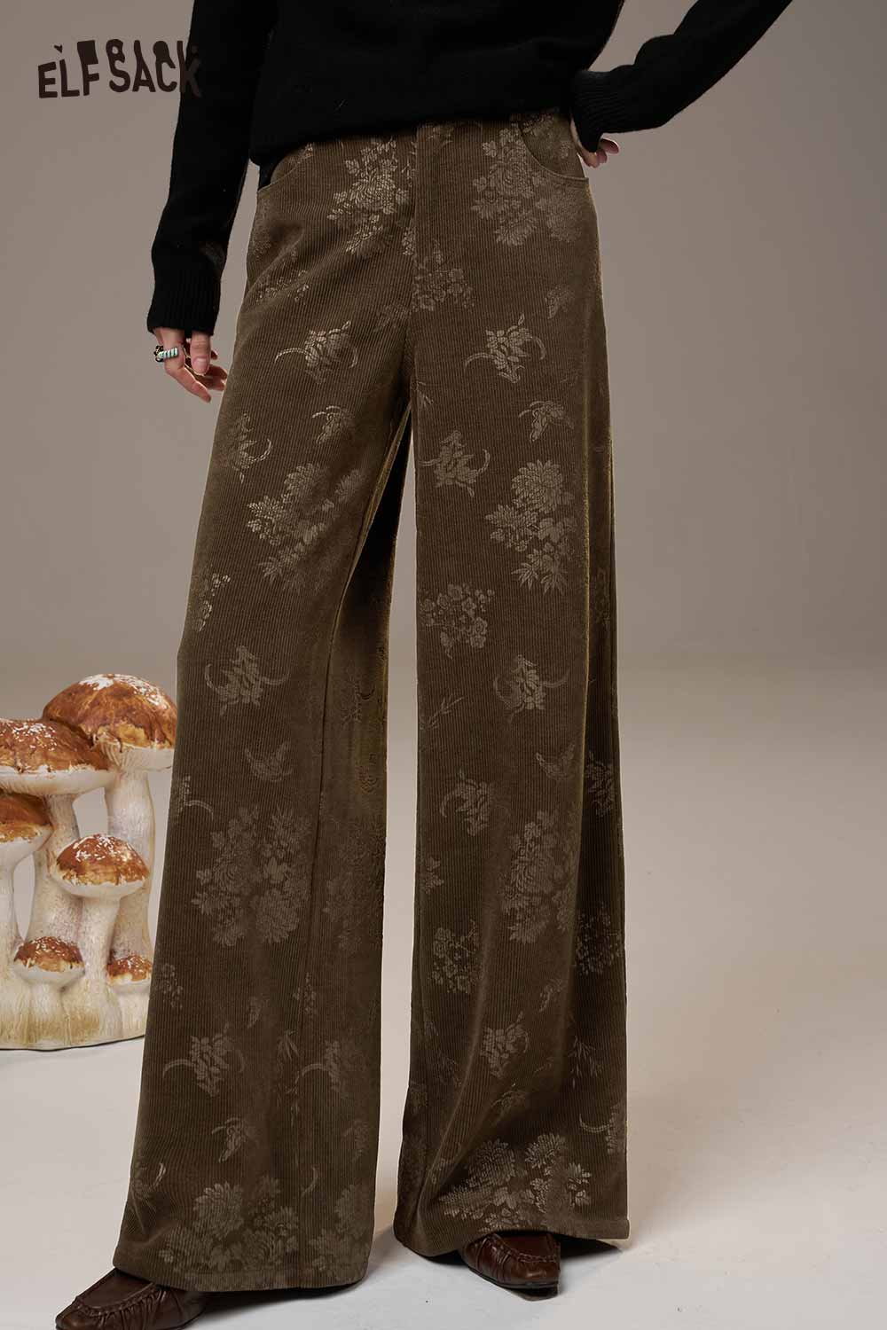 ELFSACK linen floral wide leg pants women in brown with elegant floral design and relaxed fit