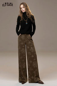 ELFSACK linen floral wide leg pants women in brown with stylish floral patterns for a chic look