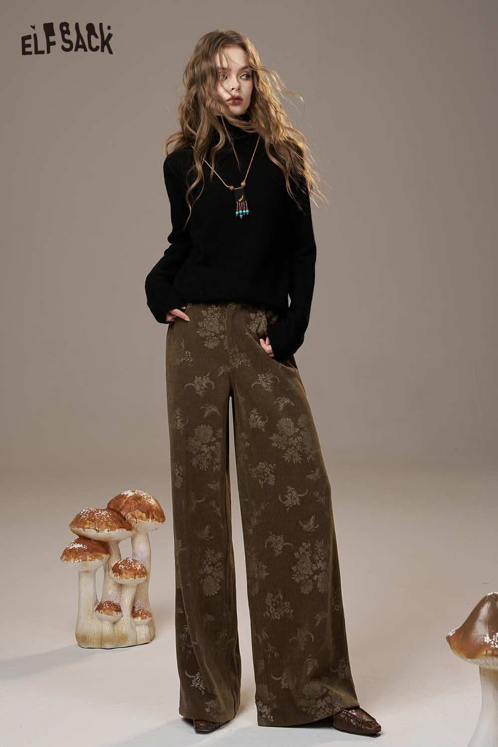ELFSACK linen floral wide leg pants women styled with a black sweater for a trendy autumn look