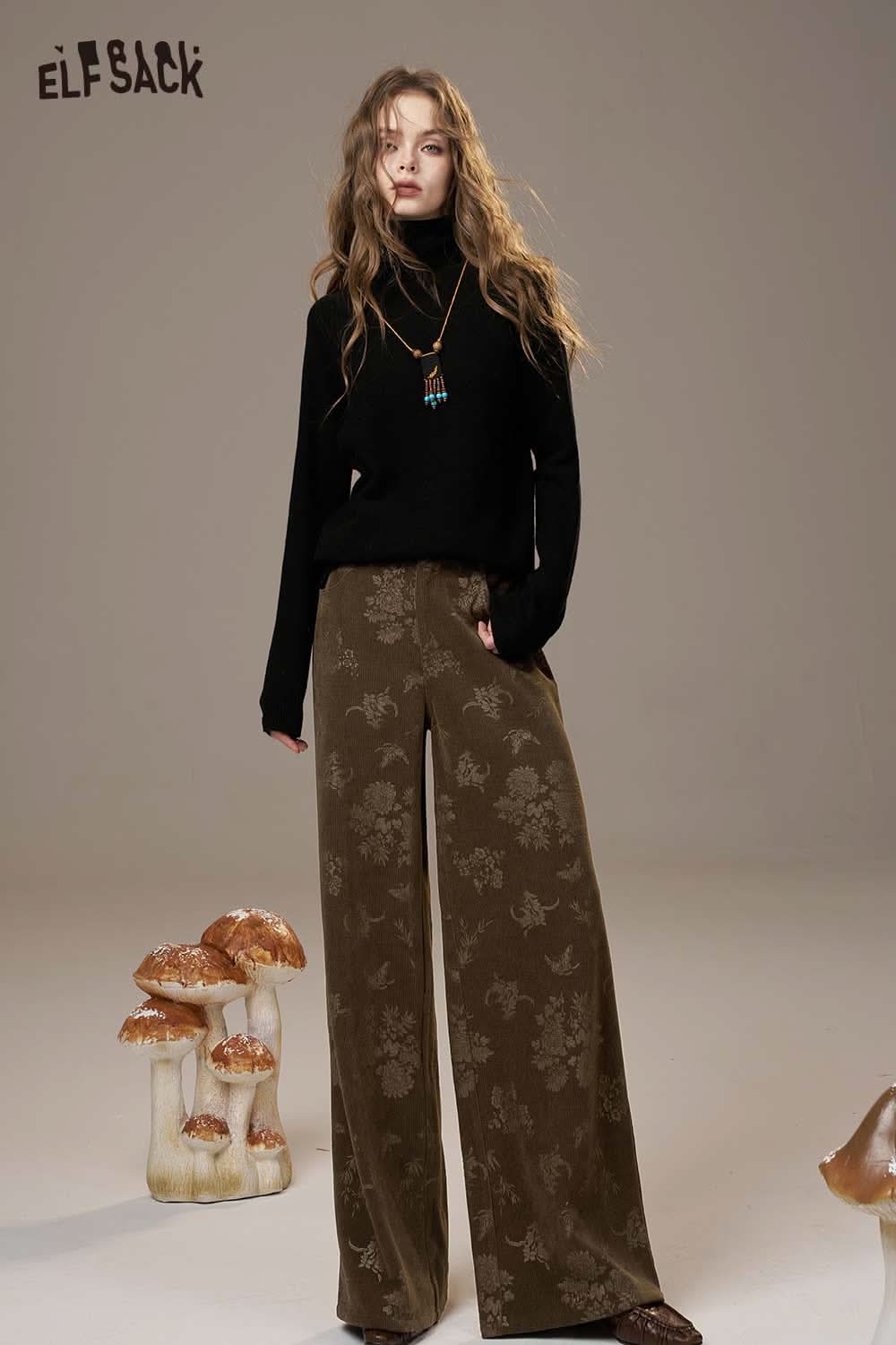 ELFSACK linen floral wide leg pants women in earthy tones for a stylish, relaxed fit