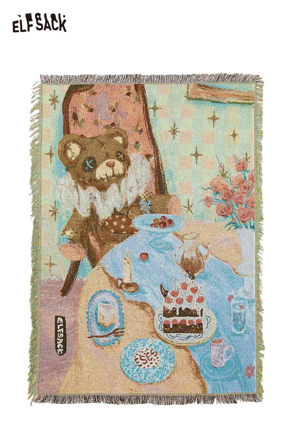 ELFSACK Little Bear Tea Party Woven Fringe Blanket