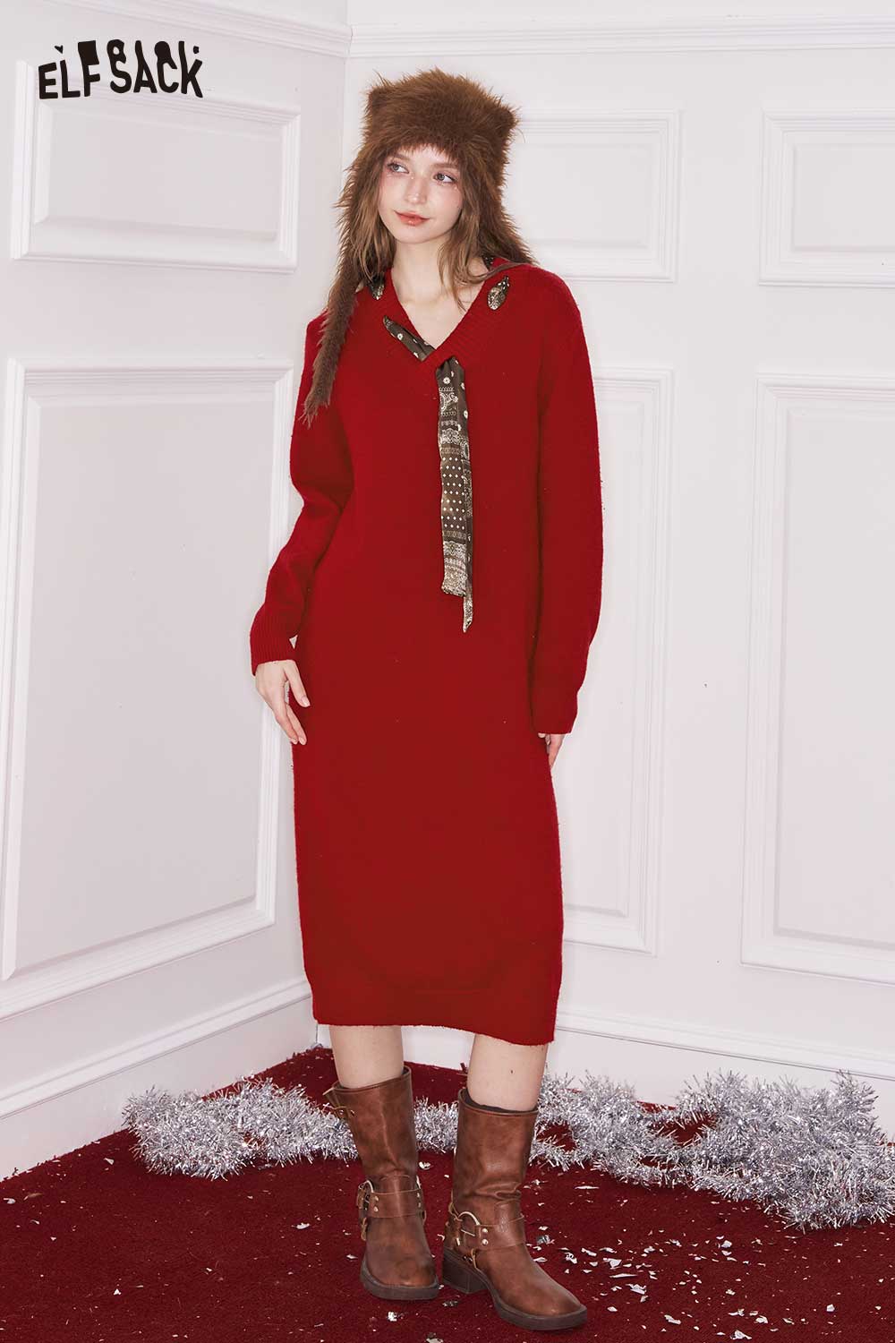 ELFSACK Loose knit dress for women in red with decorative tie and long sleeves