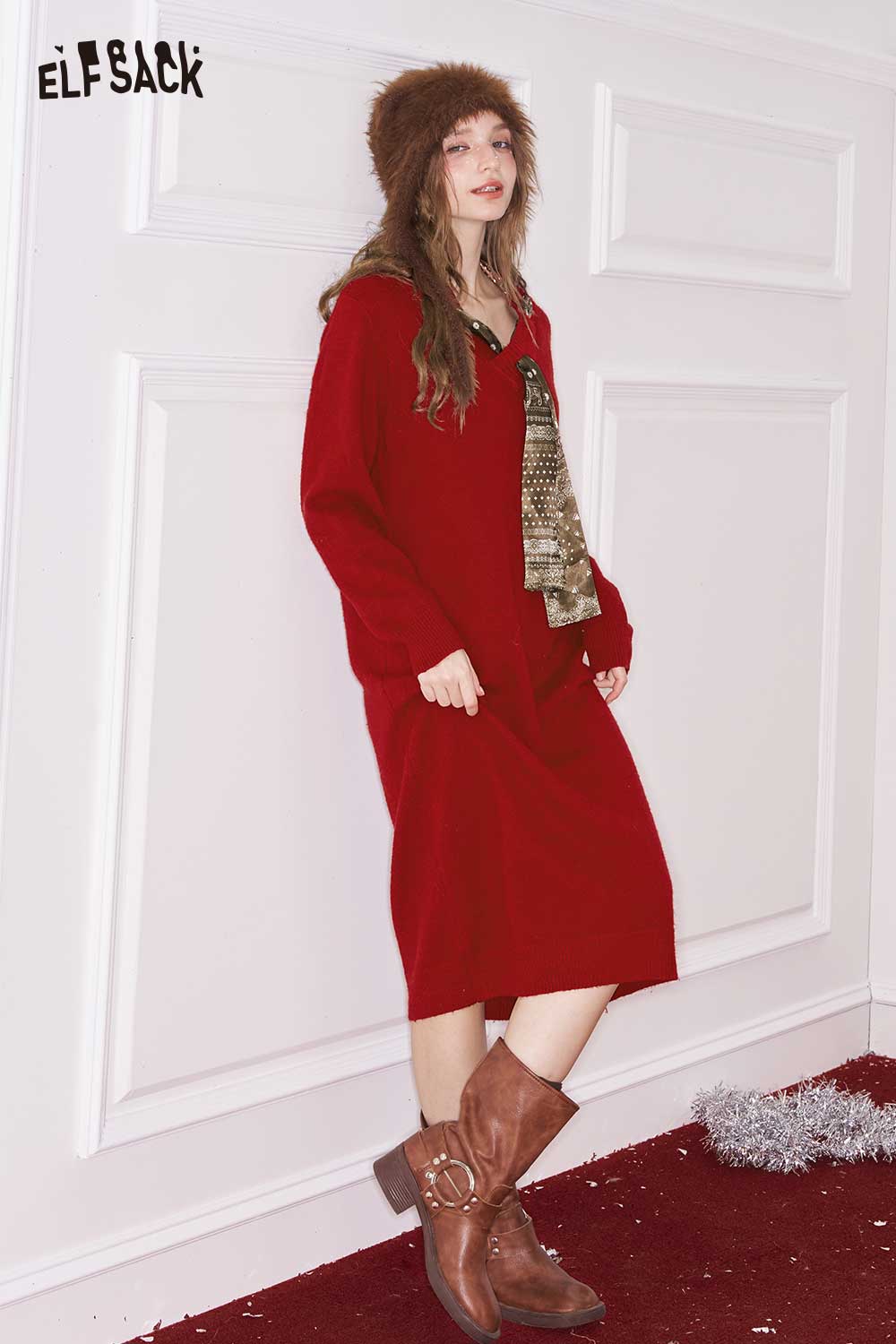 ELFSACK Loose Knit Dress for Women in Red with a Cozy Style for Casual Occasions