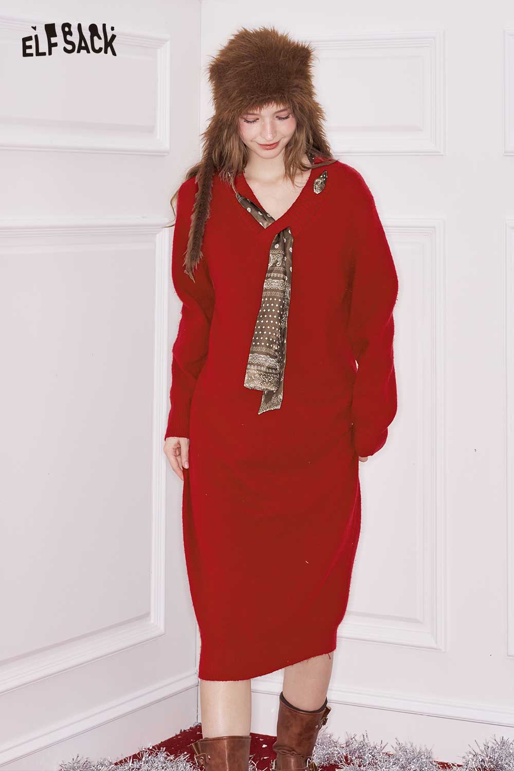 ELFSACK red loose knit dress for women with long sleeves and a stylish scarf accessory