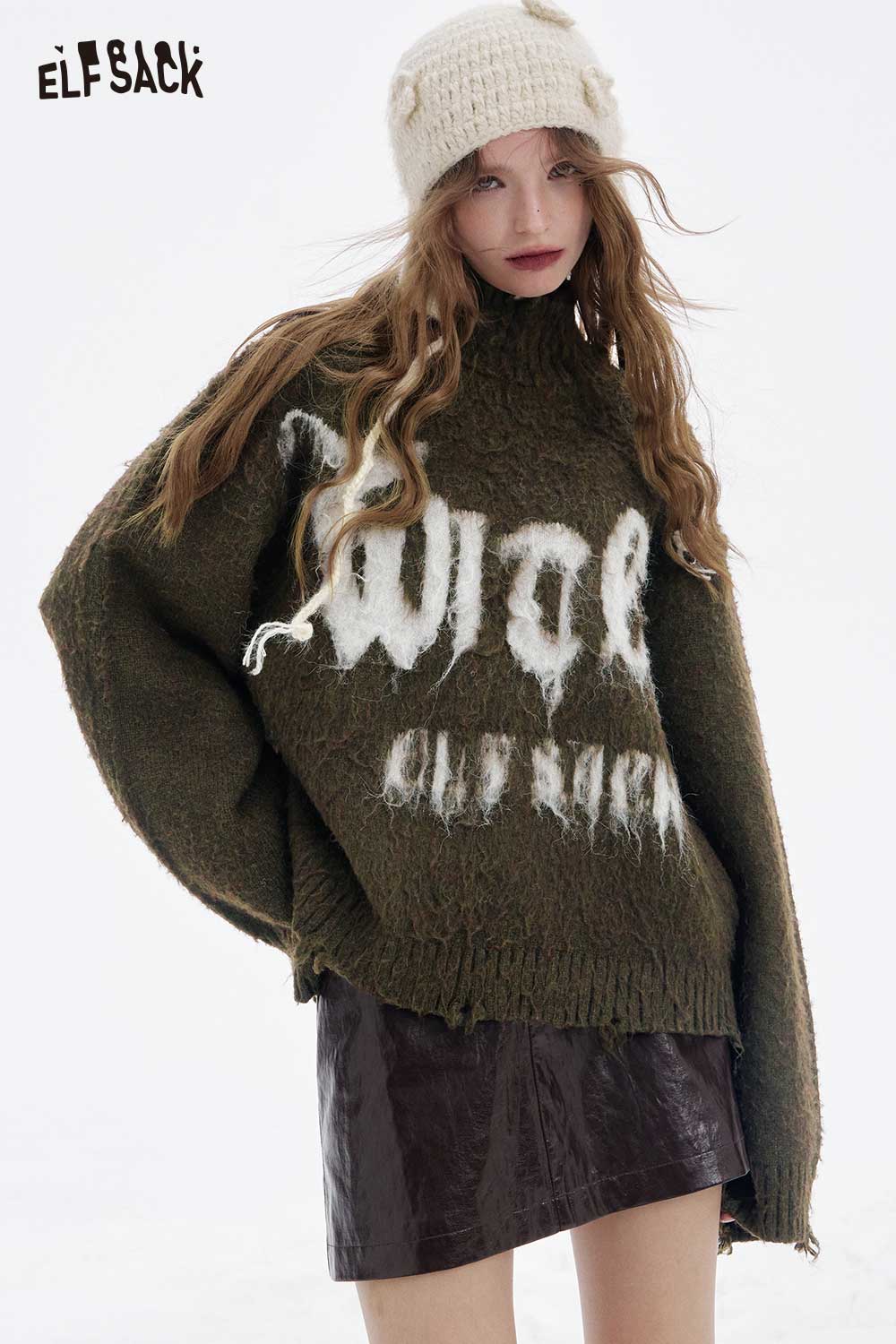 ELFSACK loose letter graphic fringe sweater in olive green with a cozy oversized fit
