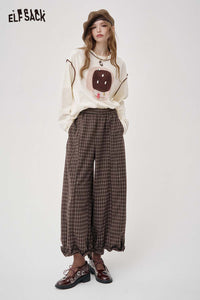 ELFSACK Loose Relaxed Casual Vintage Plaid Wide Leg Pants Trousers