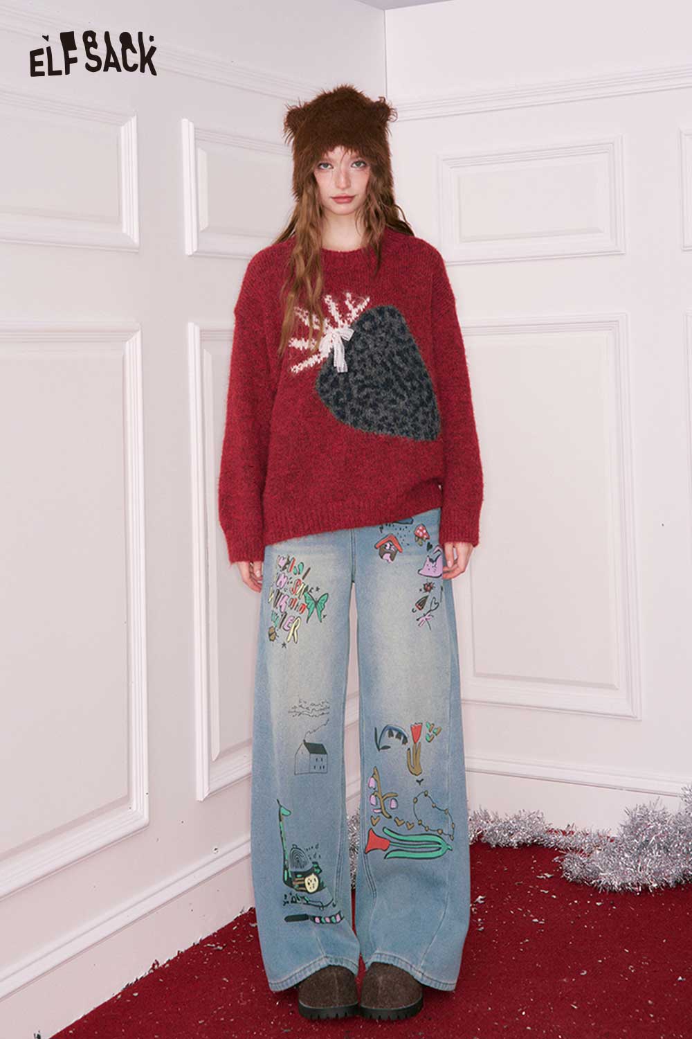 ELFSACK loose straight leg graphic jeans with colorful designs and a relaxed fit for casual style