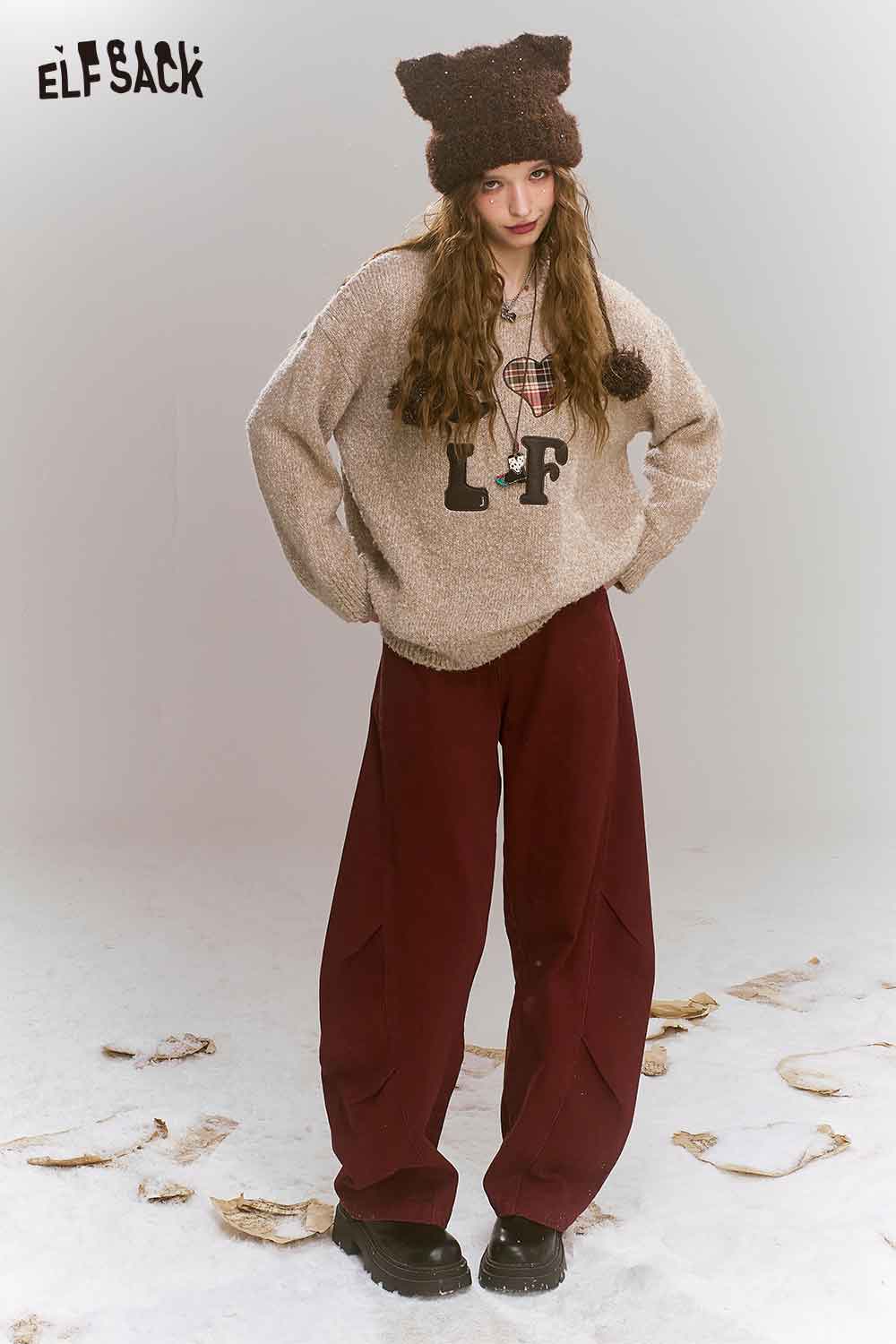 ELFSACK Loose Vintage Angora Red Sweater