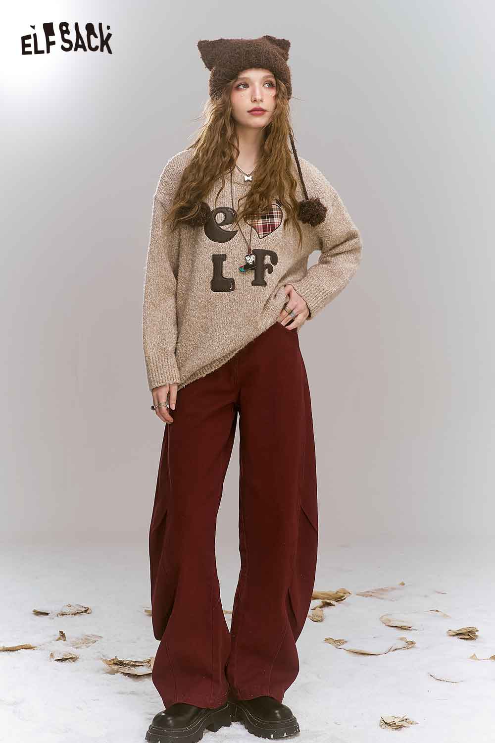 ELFSACK Loose Vintage Angora Red Sweater