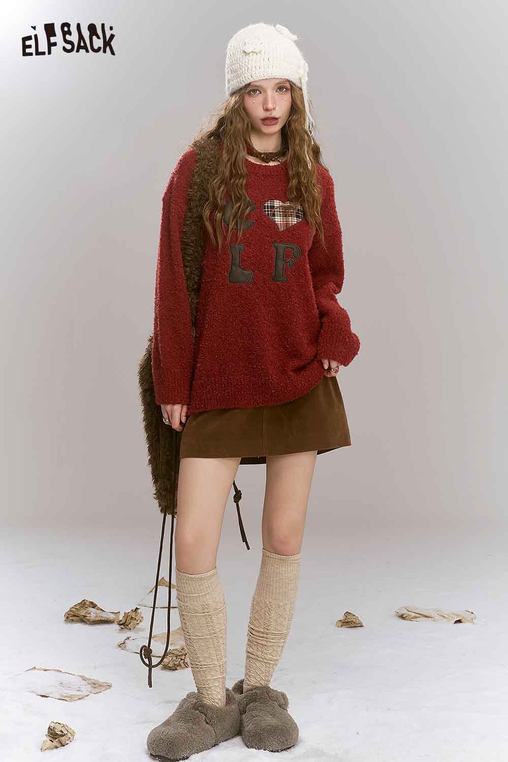 ELFSACK Loose Vintage Angora Red Sweater