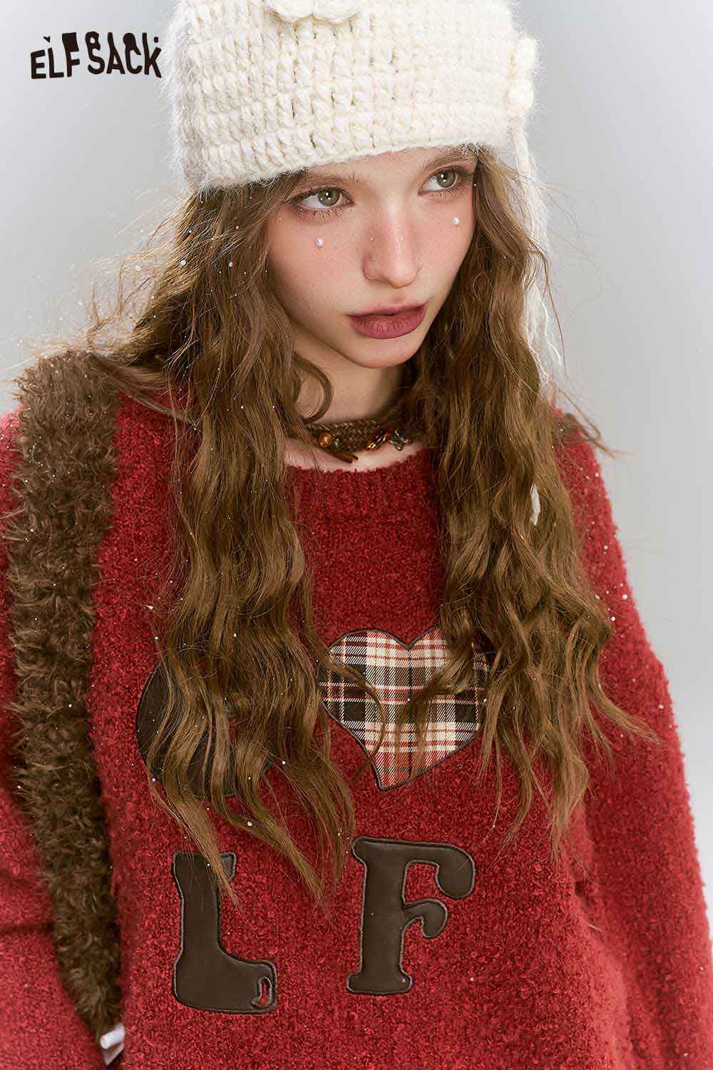 ELFSACK Loose Vintage Angora Red Sweater