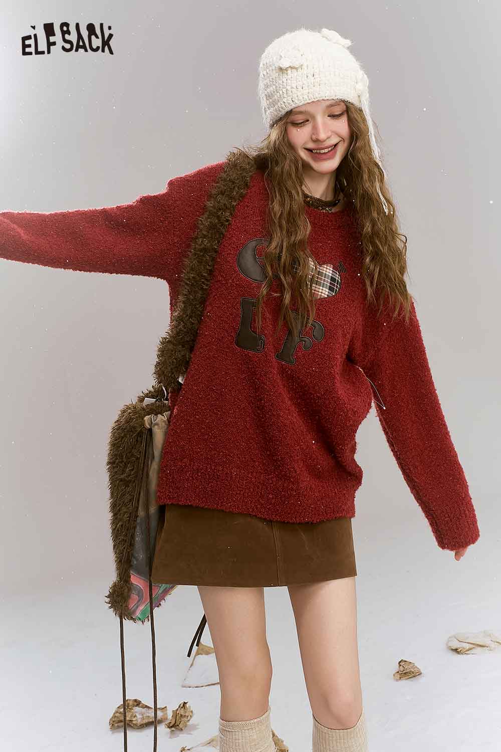 ELFSACK Loose Vintage Angora Red Sweater