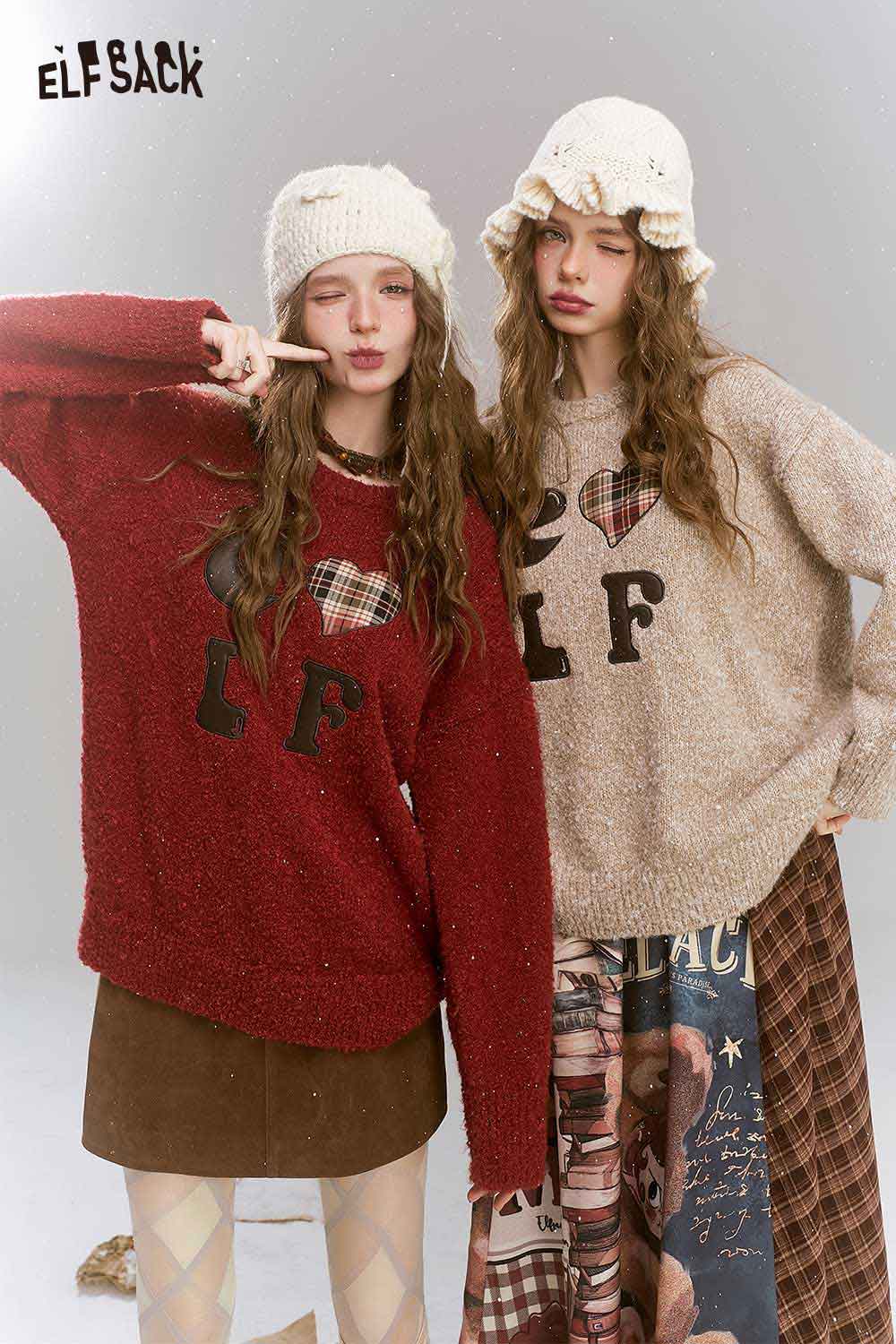 ELFSACK Loose Vintage Angora Red Sweater