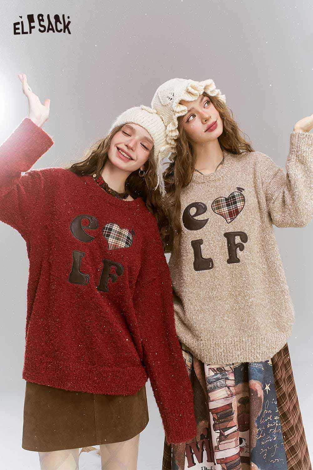 ELFSACK Loose Vintage Angora Red Sweater